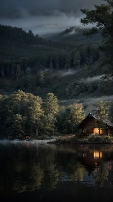 Create a tranquil lakeside cabin scene in a dense misty forest. The mood should be one of mystery and calm, with the cabin's lights softly glowing through the mist