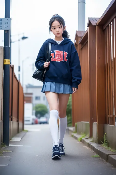 The city of Japan in 1980,(( female elementary school student walking)),Angle from the front,Full body shot from below,((denim box pleated miniskirt))white ruffle skirt,((navy blue knee-high socks)),navy blue hoodie,sneakers, black hair,half up ponytail, b...