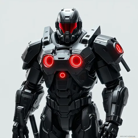 Futuristic senior officers in massive black and matt high-tech armor and exoskeleton(with rare red diodes),  Their helmet is designed in a high-tech style with a narrow red protective visor and built-in infrared sensors, they are holding a massive laser gu...