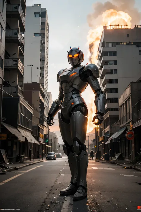 A giant fighting robot with a super beautiful design, standing in the middle of a desolate urban street. Robot with metal armor that reflects light, with intricate mechanical details, heavy weapons on hands and shoulders. Robotic eyes glowing red, showing ...