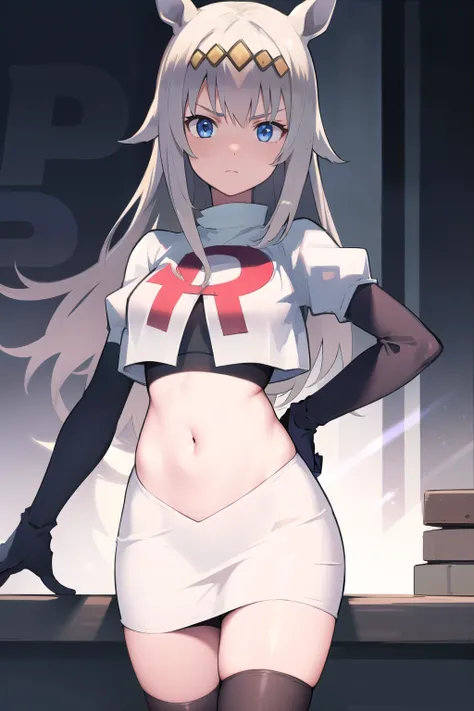 masterpiece, best quality,
oguri cap \(umamusume\), light ray,
navel, team rocket,team rocket uniform,white skirt,red letter R,crop top,black thigh-highs,black elbow gloves