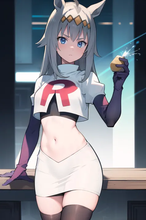 masterpiece, best quality,
oguri cap \(umamusume\), light ray,
navel, team rocket,team rocket uniform,white skirt,red letter R,crop top,black thigh-highs,black elbow gloves