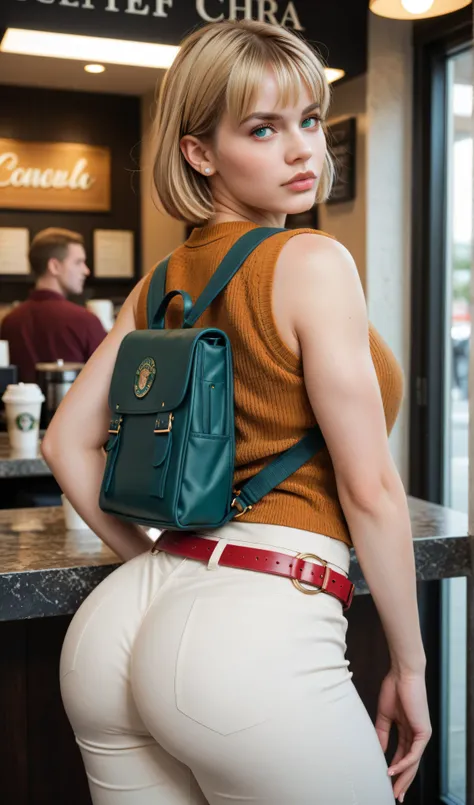 Ashley Graham - Ella Freya / Resident Evil 4 Remake, turquoise eyes,  Serious Look T-Shirt, blond hair, short hair, Upper O-ring, brown vest , sleeveless, pants, red belt, school backpack, thick thighs, wide hips,  fat ass, in a coffee shop, fcPortrait  