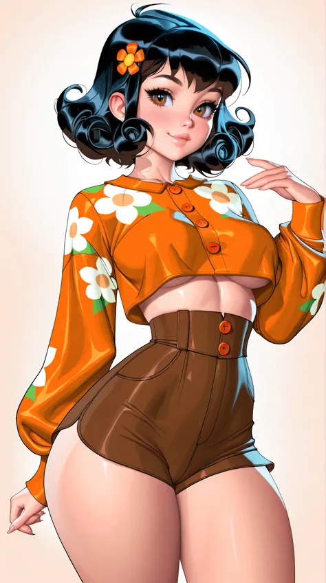 (TangoBat:0.7),(Sakimichan:0.7),  top influencer woman, ultra-detailed, cute and spunky, retro 60's style, fair skin, short curly black hair with flower clips, orange button up crop top transparent floral print sleeves, brown high waist button up shorts, s...