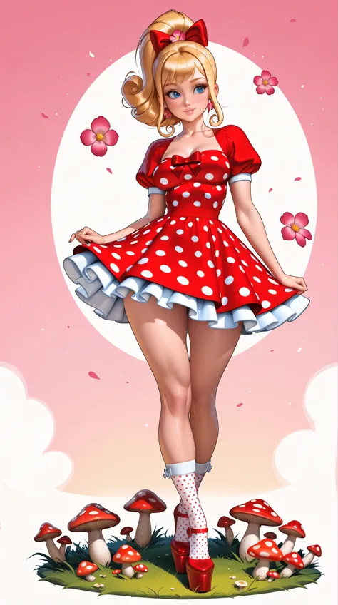 (TangoBat:0.7),(Sakimichan:0.7), a top influencer woman, cute and spunky, retro 60's style, fair skin, long curly blonde hair in High Ponytail with flower clips, field background,mushydress, dress, standing, full body, short sleeves, frills, puffy sleeves,...