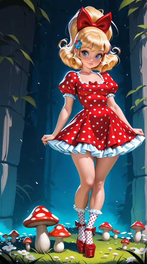 (TangoBat:0.7),(Sakimichan:0.7), a top influencer woman, cute and spunky, retro 60's style, fair skin, long curly blonde hair in High Ponytail with flower clips, field background,mushydress, dress, standing, full body, short sleeves, frills, puffy sleeves,...