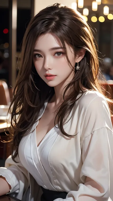 Masterpiece, Best quality, Photorealistic, Ultra-detailed, finedetail, high resolution, 8K wallpaper, 1 beautiful woman, Wear casual business attire, In excellent restaurant, At night, Light brown messy hair, Perfect dynamic composition, Beautiful detailed...