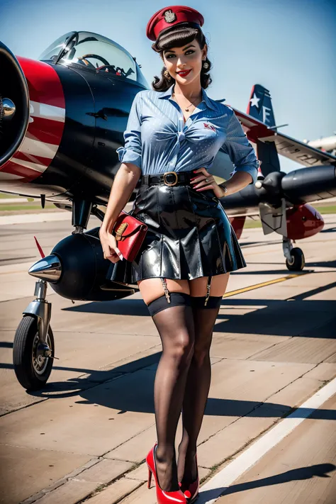 Digital illustration of a glamorous young woman from the U.S. Air Force posed in a classic pinup style on an airport tarmac. She’s perched playfully on the wing of a vintage fighter plane, wearing a fitted blue Air Force uniform jacket, unbuttoned to revea...