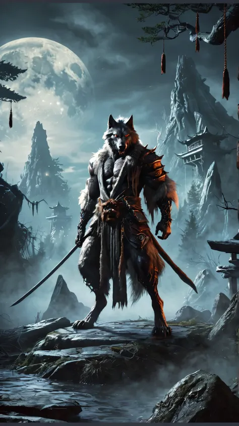 a powerful and terrifying creature, a hybrid of man and wolf, is tall and imposing. the body is muscular, with the strength and stature of a human, but covered in thick fur, razor-sharp claws, and a monstrous snarling face with glowing eyes. it stands upri...