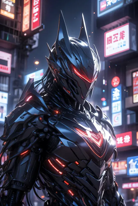 cybernetic knight в высокотехнологичной тактическом экзоскелете покрытый массивной темной-серой броне, Dark metal armor with sharp, angular shapes and glowing red elements. Helmet with pointed ears, similar to a tactical combat suit. Detailed mechanical st...