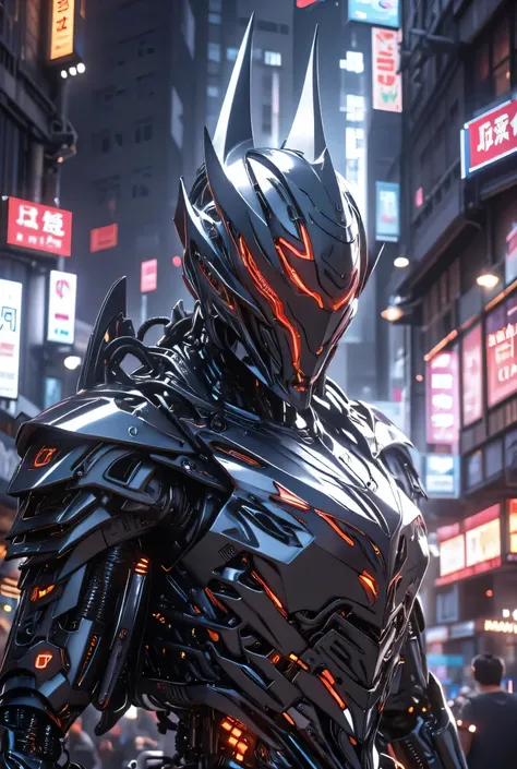 cybernetic knight в высокотехнологичной тактическом экзоскелете покрытый массивной темной-серой броне, Dark metal armor with sharp, angular shapes and glowing red elements. Helmet with pointed ears, similar to a tactical combat suit. Detailed mechanical st...