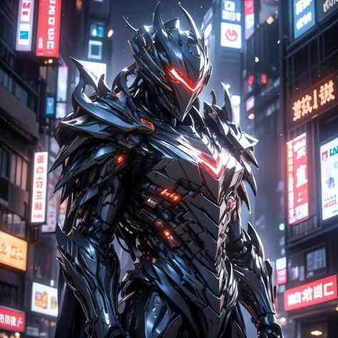 cybernetic knight в высокотехнологичной тактическом экзоскелете покрытый массивной темной-серой броне, Dark metal armor with sharp, angular shapes and glowing red elements. Helmet with pointed ears, similar to a tactical combat suit. Detailed mechanical st...