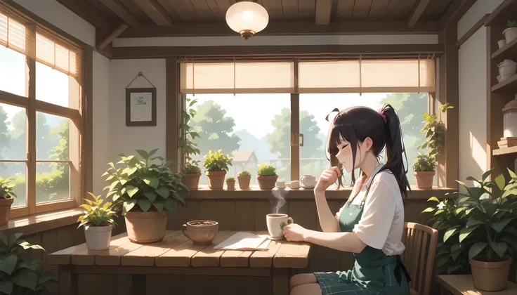 "Rustic cafe interior bathed in warm sunlight, featuring a lush display of greenery and wooden furnishings. A woman sits at a corner table, sketching in her notebook with a cup of coffee nearby. The barista's counter, adorned with small potted plants and a...