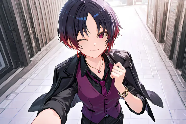 score_9, score_8_ up , source_anime, 1 girl completely,KisaragiRen,RenDefault, multicolored hair, short hair, parted bangs, earrings, necklace, black shirt, collared shirt, purple necktie, purple vest, black jacket, jacket on shoulders, bracelet, black pan...