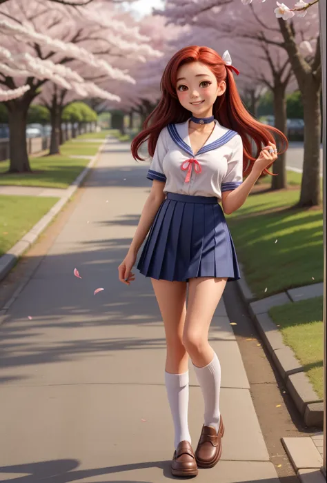 A cute  Japanese girl, full body,is standing on a road lined with beautiful cherry blossoms,cherry blossom petals fluttering in the breeze,black hair semi-long hair, red hair ribbon,choker, cute face, Round face , brown eyes,medium boobs,  Ring on the ring...