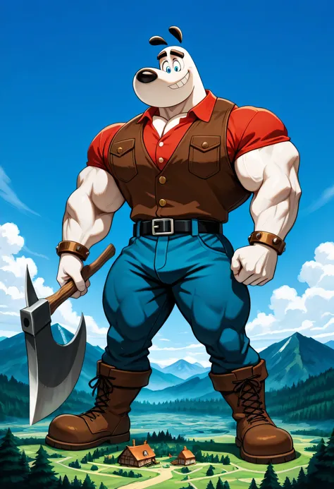 Giant muscular lumberjack paul bunyan dudley puppy (T.U.F.F Puppy), white dog, cartoon 2d style, giant, macro size, full body, muscular body, village and forest background, Masterpiece, best quality, high quality, detailed, Dudley Puppy, male, solo male, 1...