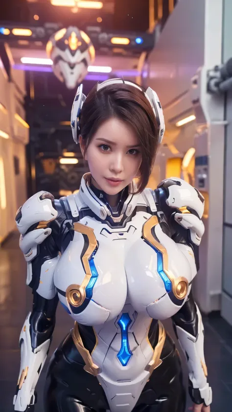 Nagi Hikaru 凪ひかる (Aka Asuka), mecha_musume, (CLOSE UP UPPER BODY:0.8), (COWBOY SHOT PORTRAIT:1.4), ((GIGANTIC FAKE BREASTS:1.5)), (11 line ABS:1.3), ((MECHA GUARD ARM, MECHA GUARD SHOULDER CRYSTAL CORE:1.2)), (SHINY CRYSTAL CORE ON MECHA STARRY SKY ARMOR F...