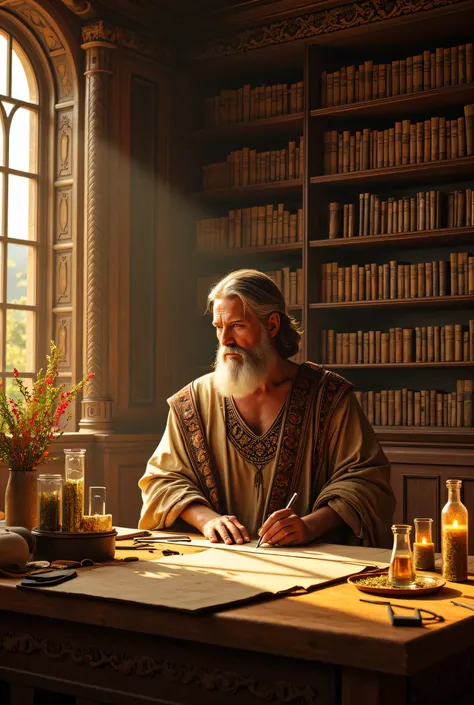 **Prompt:** Envision a richly detailed scene set in an ancient greek Pantheon's chamber, where the air is fragrant with the earthy scents of dried herbs and obscure botanicals. The dimly lit space is curated with ornate wooden shelves, overflowing with man...