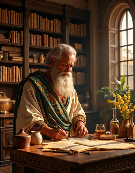 **Prompt:** Envision a richly detailed scene set in an ancient greek Pantheon's chamber, where the air is fragrant with the earthy scents of dried herbs and obscure botanicals. The dimly lit space is curated with ornate wooden shelves, overflowing with man...