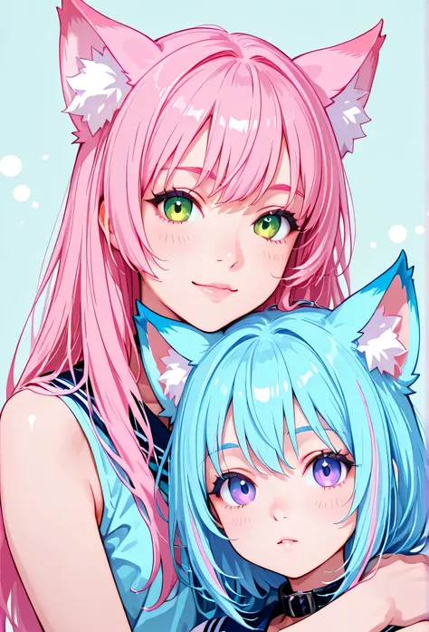 random hot and busty japanese girls, nekos, pastel color palette,