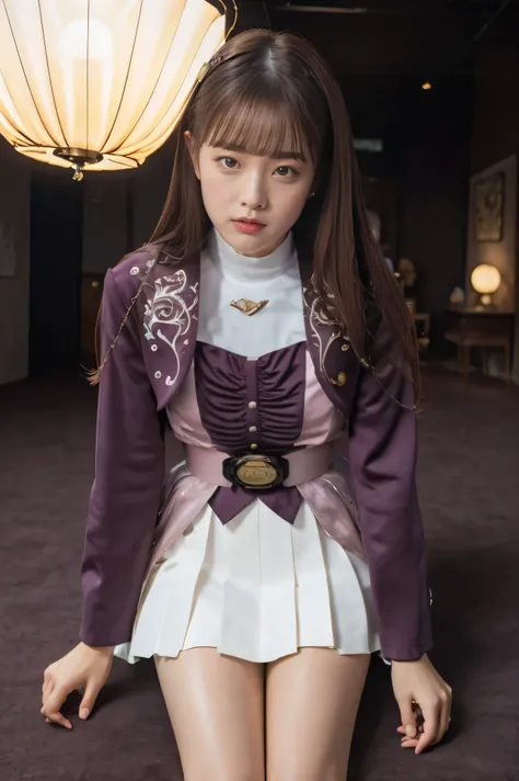 ( 高精細CG),( Top Quality ),(( composition showing the part above the knee)),((Inside a dark room with no lights )),(( lie on the ground with your back)),((  1girl  )), perfect face, shiny skin , wide hips , thin waist, purple bolero jacket,((white skirt)), L...