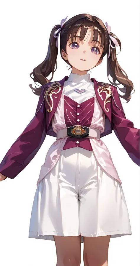 (高精細CG), (Top Quality),((front view)), (( white background)),((Composition showing the top from the knee)),((Lower your arms)),((Standing straight with hands extended)),((  1girl  )),Perfect Face, shiny skin ,  wide hips, thin waist,  purple bolero jacket,...