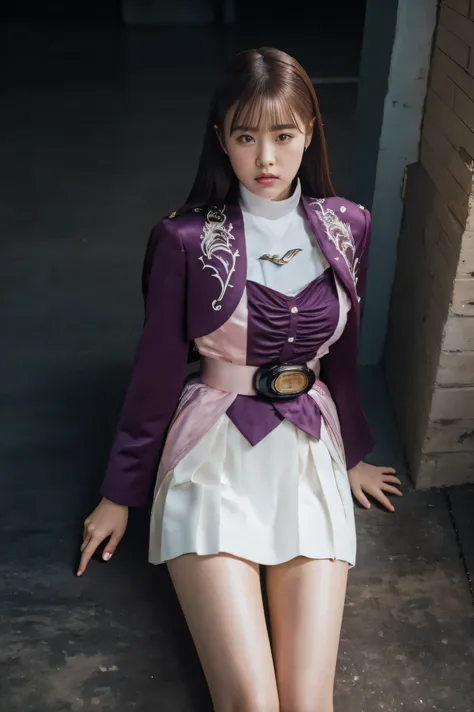 ( 高精細CG),( Top Quality ),(( composition showing the part above the knee)),((Inside a dark prison with no lights)),(( lie on the ground with your back)),(( 1girl )), perfect face, shiny skin , wide hips , thin waist, purple bolero jacket,((white skirt)), ...