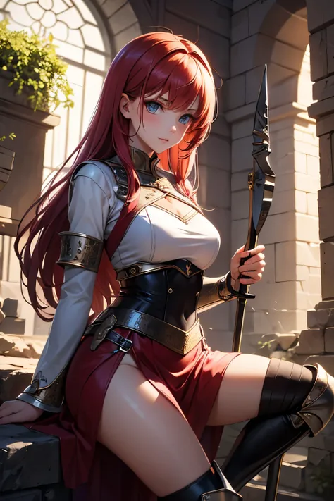 young medieval warrior girl, sitting on the ruins of a medieval castle, red silver hair, wears medieval battle dress with armor and high boots, she holds a medieval long lance in her hands, combat stance, ready to fight, highly detailed, vibrant appearance...