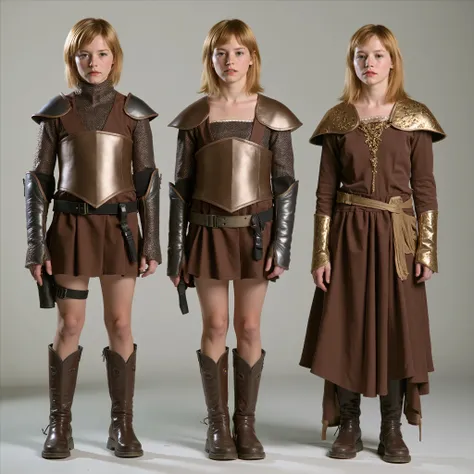 The same young girl is standing exactly full-length in an image in three different outfits, 1 type - robber leather armor, leather brown corset and leather miniskirt, brown heeled boots, shoulder pads, 2 type - bronze knight armor, bronze corset, бронзовые...