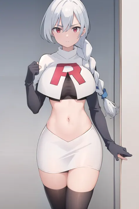 NanoEiai,1girl,solo,very long hair,grey hair,bangs,hair between eyes,red eyes,expressionless,
NanoEiaiyongyi,single braid,braided ponytail,long sidelocks,team rocket,team rocket uniform,white skirt,red letter R,crop top,black thigh-highs,black elbow gloves...