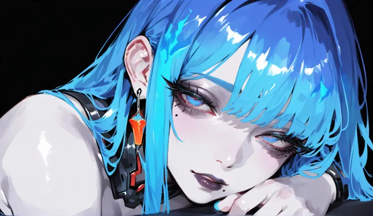 masterpiece, is best, high quality, is very beautiful, cyberpunk neon suit, latest, 1 Girl, alone, intellectuals, side, flame blue hair color , long hair, to cover one eye with hair, nail, eyelash, for my plump lips, Mole under eye , pale skin , cos...