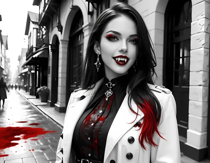 score_9, score_8_up, score_7_up,goth black and whiter anime fantasy art, (black and white art: 1.5) mostly black and white, a picture of a beautiful female vampire, long hair hair, blue eyes, wearing trench coat, wearing a skirt, wearing white leather shir...