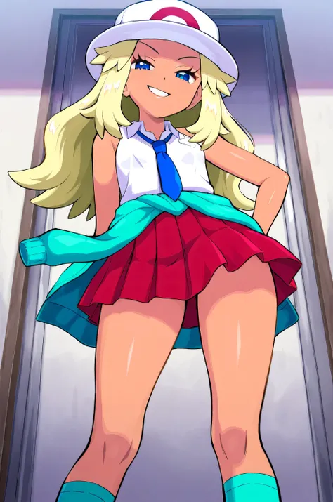 leaf_(pokemon), 1girl, solo, porkpie_hat, hat, white_hat, long_hair, sleeveless, sleeveless_shirt, bare_shoulders, blue_eyes, eyelashes, alternate_hair_color, blonde_hair, tan, skirt, miniskirt, red_skirt, pleated_skirt, collared_shirt, white_shirt, neckti...