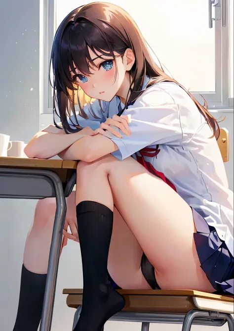  Gold、 Goldロングヘアー、足を組んで椅子に座っているアニメのgirls, Black panties are slightly visible、School Classroom,靴下を履いている a hyper realistic high school girls , beautiful anime high school girl, hyper realistic high school girls , 美しいアニメのgirlsがしゃがんでいる, 妖艶なアニメのgirls, 可愛いアニメのgi...