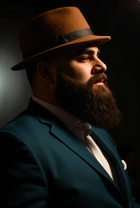 ((Davar))A cinematic-style portrait of a stylish man in profile, illuminated by moody, warm lighting. He wears a vintage brown felt hat with a subtle ribbon detail, casting a soft shadow over his face. His thick, well-groomed beard and sharp facial structu...