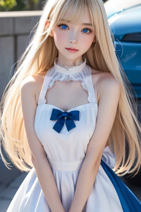 best quality 、ultra high definition、 photo 、 expression of a sweet white girl 、 detailed sweet and beautiful young face 、( Eros's clear face _v1:0.008)、 Alice in Wonderland, the sideways 、、white, shiny skin、 beautiful bright blond super long straight...
