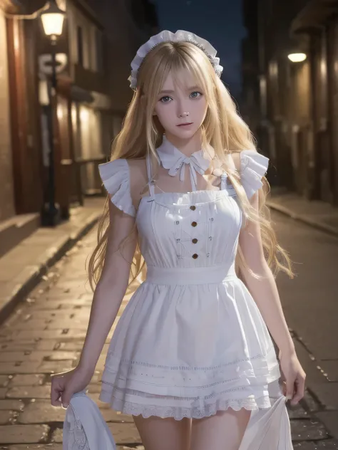 (( Masterpiece )), (( high quality )), (( high definition )), (( detailed background)), (( Высокодетализированные CG Unity 8k обои)), One, Shiona, blonde, long hair, BLUE EYES, hair bun , cowboy shot, on the street at night, (( maid clothes))