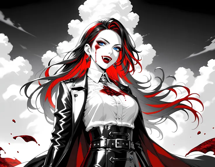 score_9, score_8_up, score_7_up,goth black and white anime art, (black and white art: 1.5) mostly black and white, a picture of a beautiful female vampire, best detailed face, long hair hair, blue eyes, wearing trench coat, wearing a skirt, wearing white l...