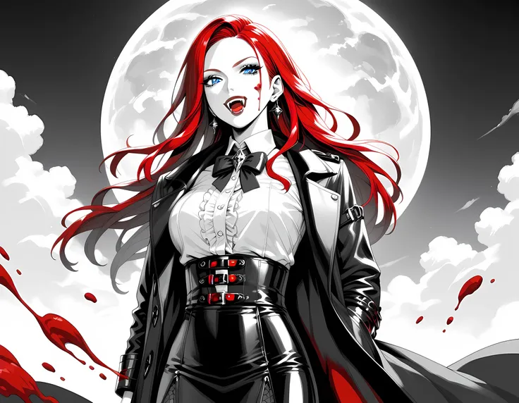 score_9, score_8_up, score_7_up,goth black and white anime art, (black and white art: 1.5) mostly black and white, a picture of a beautiful female vampire, best detailed face, long hair hair, blue eyes, wearing trench coat, wearing a skirt, wearing white l...