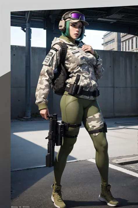 official art, detailed, masterpiece, (1girl),female, beautiful face, mature, alluring face, ela, green hair, Bob cut,breasts, ass, pussy, full body, (camouflage:1.2), (WHITE hat:1.3), military, headset, bag, uniform, holster, goggles, headphones,jacket, ho...