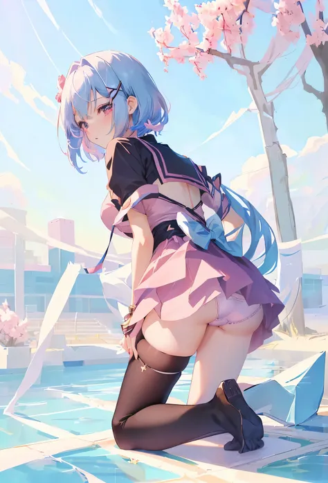 An anime girl in a short skirt is kneeling on the ground, A beautiful anime girl is crouching, , , Gwaiz, Loli Dress, Cute Girl Anime Visual,  Smooth Anime CG Art, Cute Anime Girl, Bewitching Anime Girl, | wears a ring {x} detailed anime, I can see the pal...