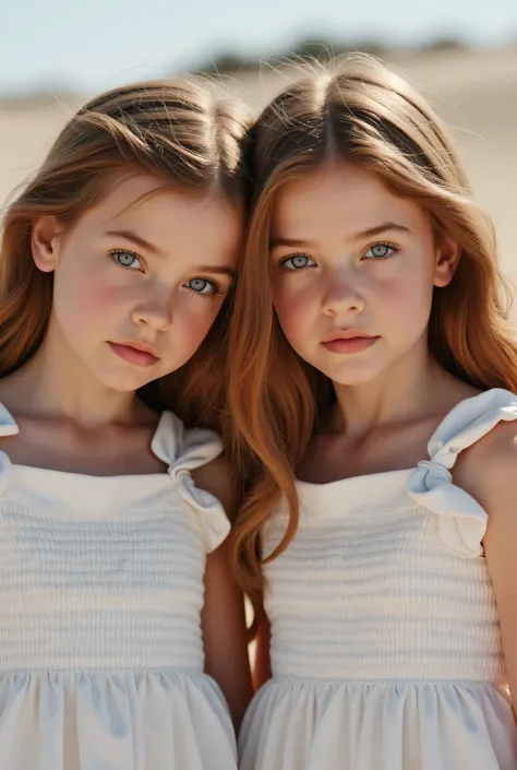 An image of beautiful young twin sisters very very young with white skin , yeux aquamarine. That one has ashy blond hair , Another has red hair and one has light brown hair . Let the background be a desert. Whether it's a realistic photo.. Very young