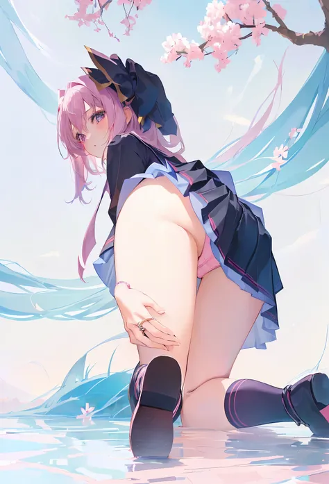 An anime girl in a short skirt is kneeling on the ground, A beautiful anime girl is crouching, , , Gwaiz, Loli Dress, Cute Girl Anime Visual,  Smooth Anime CG Art, Cute Anime Girl, Bewitching Anime Girl, | wears a ring {x} detailed anime, pink panties