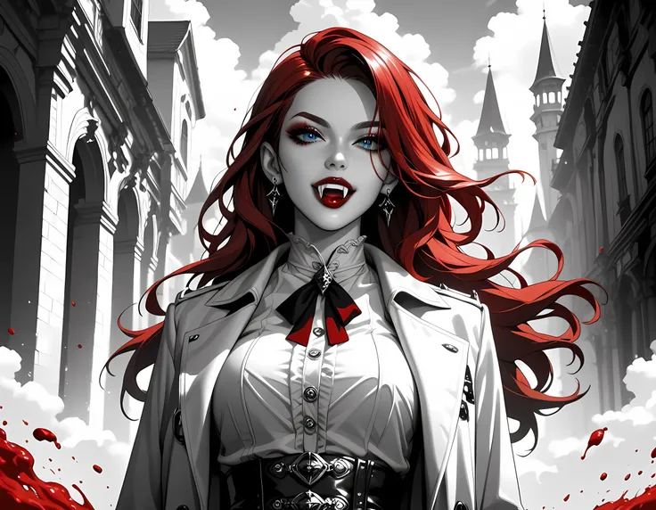score_9, score_8_up, score_7_up,goth black and white anime art, (black and white art: 1.5) mostly black and white, a picture of a beautiful female vampire, best detailed face, long hair hair, blue eyes, wearing trench coat, wearing a skirt, wearing white l...