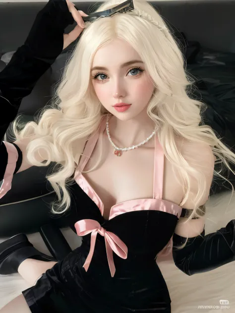 um close up of a woman in a black dress and pink dress, hyperrealistic sweet rabbit girl, Linda Delfin, Ava Max, amorant, pale skin curly blond hair, loose t-shirt with long blond hair, perfect girl with white hair, barbie anime doll,  pale porcelain white...