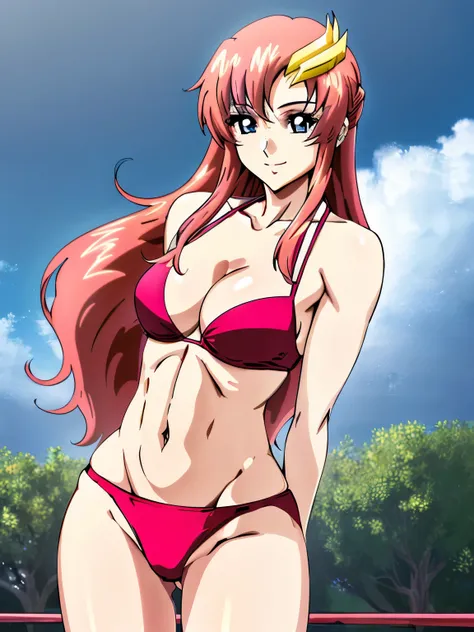 lacus4, (red bikini:1.5), (looking at the viewer:1.1), (abdsurdres:1.4), (silk thong:1.1), (tall girl:1.3), (tiny biceps:1.2), (face details:1.1), masterpiece, (cowboy shot:1.5), very slim shoulders, 4K, (Best Quality:1.7), (Anime style:1.5), happy, Adult ...