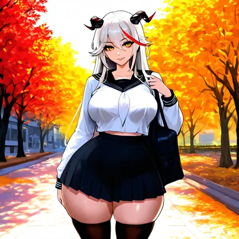 1girl, aegir /(azur lane/), white hair, long hair, red hair, multicoloured hair, streaked hair, large breasts, big breasts, yellow eyes, hair on horns, demon horns, silver hair, alternative costume, wide hips, thicc thighs, curvy body, black skirt, pleated...