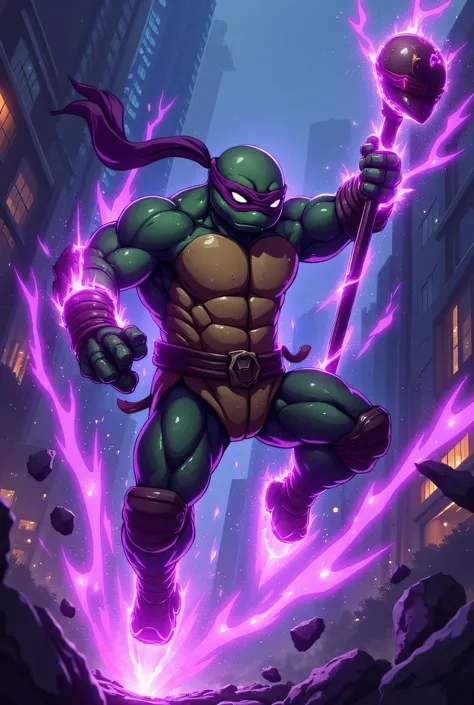 A muscular ninja turtle, but thinner , bouncing through the air in a powerful swivel kick. He holds his bo staff glowing with purple neon energy in one hand, as his mask flutters in the wind. His body is surrounded by threads of purple energy, creating a ...