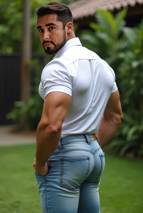 realistic photograph, 35-year-old muscular (((athletic man))) , , view From below, Nalgon bent over with back, stripe white formal shirt and very tight pale blue levis jeans, brown belt, in profile, Big butt, viendo a cámara, black eyes, in the yard, sexy ...