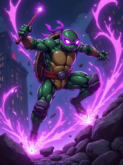 A muscular ninja turtle, but thinner , bouncing through the air in a powerful swivel kick. He holds his bo staff glowing with purple neon energy in one hand, as his mask flutters in the wind. His body is surrounded by threads of purple energy, creating a ...